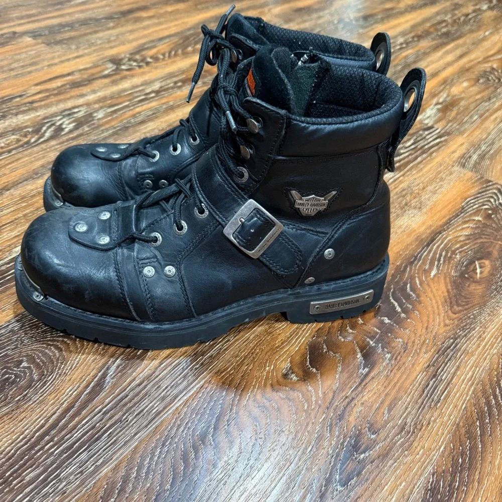 Harley Davidson Size 13 Motorcycle Boots Mens Black Leather Studded Buckle 91684